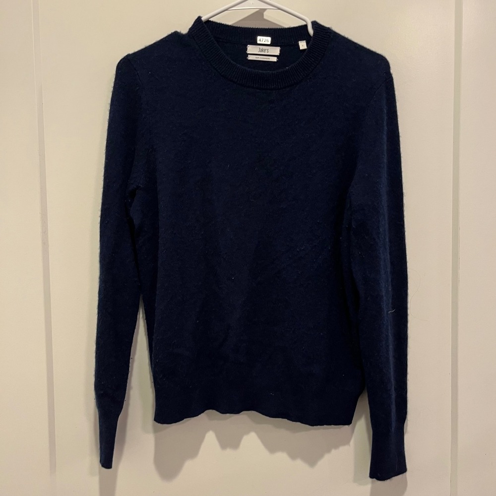 Jakes 100% Cashmere Sweater Navy Blue Crew Neck Long Sleeve Size S Small